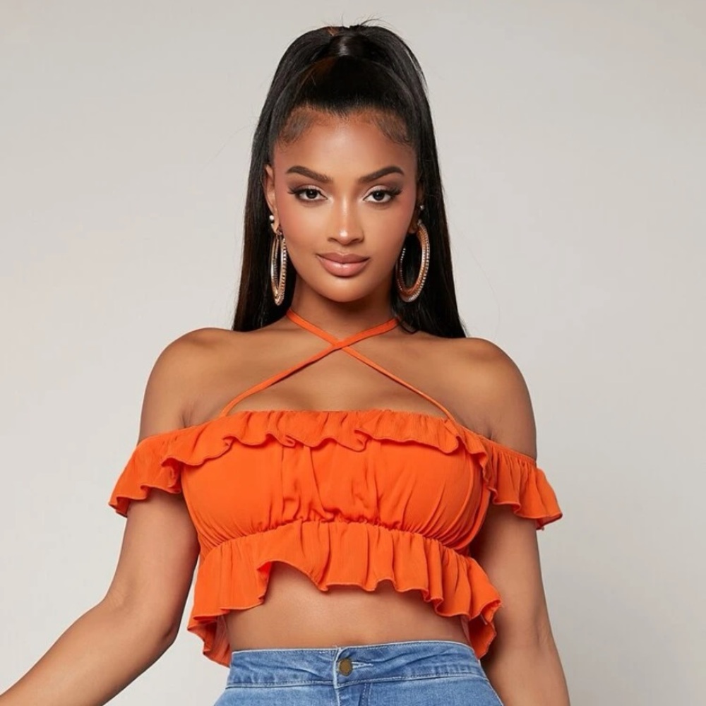 🔸Sexy Neon Orange Ruffle Top size XL (12) 🔸 NEW